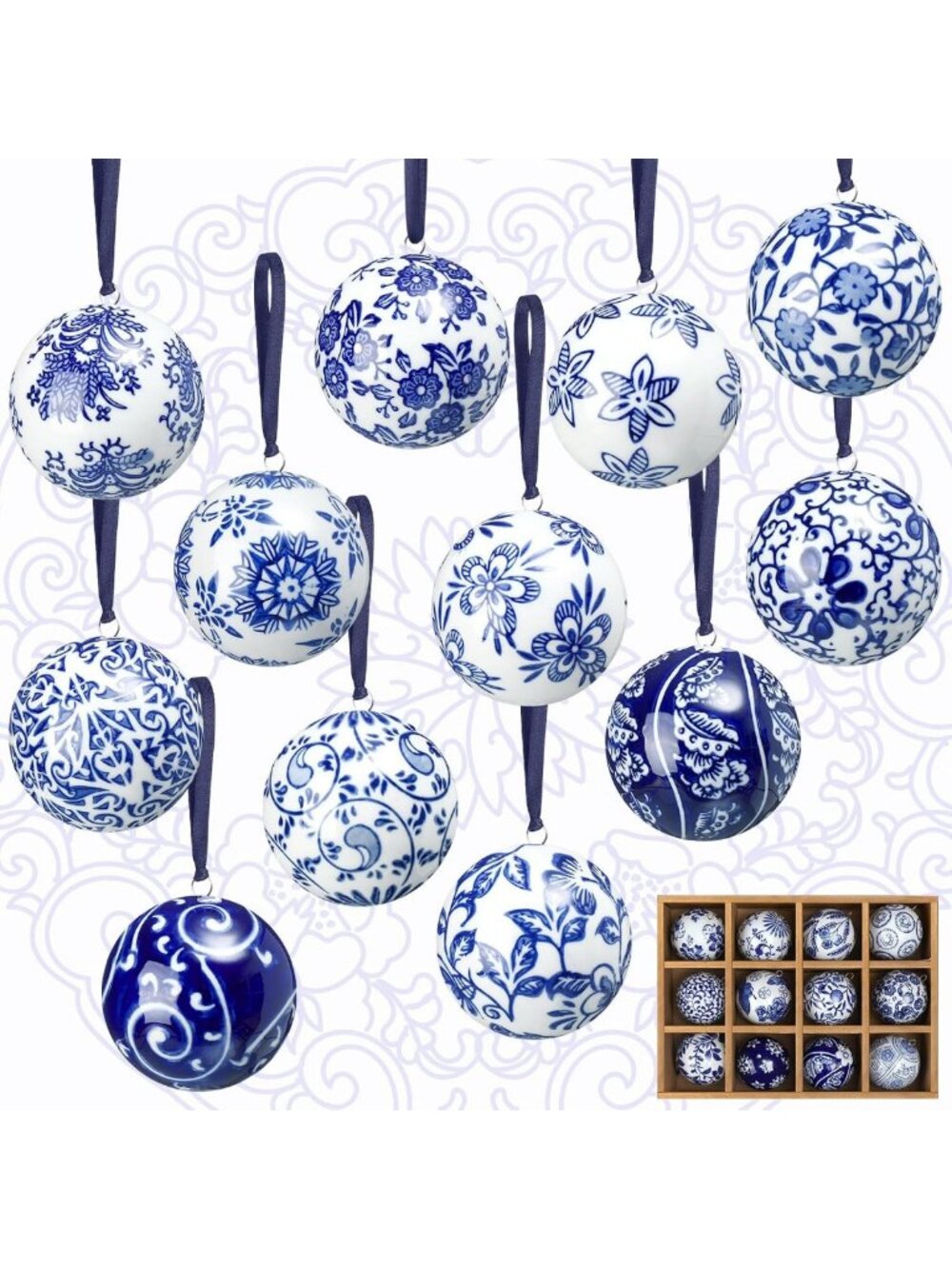 Elegant Blue & White Christmas Porcelain Ornaments - 12 Pcs Holiday Decor
